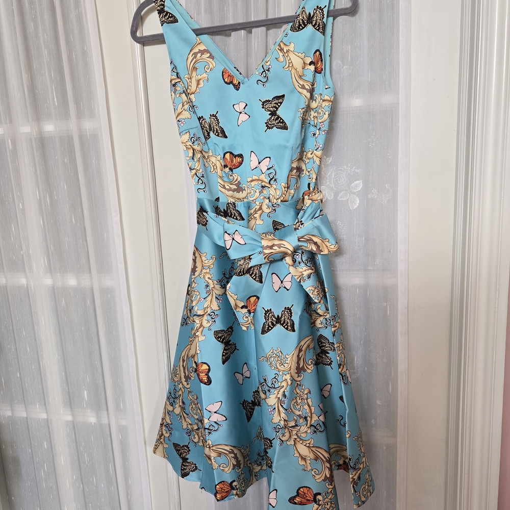 Julie Brown Blue Butterfly Print Midi Dress